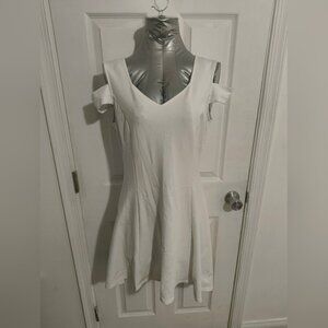 Cream Fit and Flare Mini Dress with Cold Shoulder 37